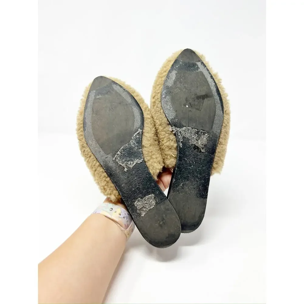 Jenni Kayne Shearling Flat Pointy Toe Mule Slip On Shoe Natural Brown EU 37